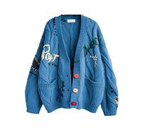 Cárdigan de Punto Trenzado para Mujer, Manga Larga, Frente Abierto, Oveja, Cuello de Pico, Botones, Bordado, Mezcla de Lana, Abrigo para Exteriores, Azul Real, XL