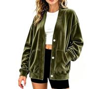 Cárdigan de terciopelo para mujer, cuello en V, botones frontales | Abrigo de terciopelo para mujer, cuello en V, chaquetas de gran tamaño, manga larga, casual, ligera, para otoño, invierno