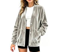 Cárdigan de terciopelo para mujer, cuello en V, botones frontales | Abrigo de terciopelo para mujer, cuello en V, chaquetas de gran tamaño, manga larga, casual, ligera, para otoño, invierno