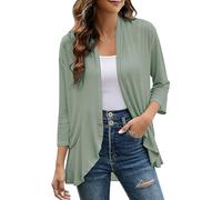 Cárdigan De Verano De Manga 3/4 para Mujer Suave Ligero Drapeado Suelto Chal Blusa Informal con Volantes y Abertura Frontal Abrigo Tipo Plumero Top De Diario Verde Frijol L