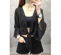 Cárdigan de verano para mujer, ligero, transparente, de punto hueco, frente abierto, para playa, manga larga, bolero, talla única (negro, talla única)