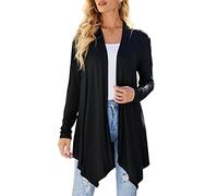 Cárdigan drapeado frontal abierto para mujer, casual, manga larga, ligero, suéter de plumero, Negro -, S