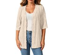 Cárdigan fino de punto para mujer, con frente abierto, de 3/4 brazos, abrigo de punto monocolor, abrigo de ganchillo, transpirable, estilo bohemio, para playa, chaqueta de entretiempo cómoda, R Beige