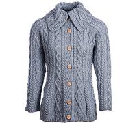 Cárdigan irlandés para mujer, 100 % lana merino súper suave con botones, fabricado en Irlanda, Gris (Ocean Grey), XL