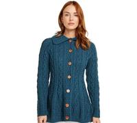 Cárdigan irlandés para mujer, 100 % lana merino súper suave con botones, fabricado en Irlanda, Verde azulado oscuro, XL