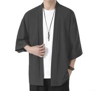 Cárdigan kimono de seda de hielo para hombre, frente abierto, manga 3/4, ajuste holgado, bata japonesa Yukata, abrigo casual de verano, playa, chaqueta de abrigo para primavera y otoño (XL, gris