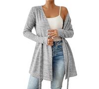 Cárdigan largo de otoño para mujer, con lazo frontal, kimono de moda, casual, ajuste holgado, túnica de manga larga, Ceniciento claro, S