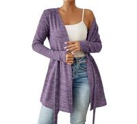Cárdigan largo de otoño para mujer, con lazo frontal, kimono de moda, casual, ajuste holgado, túnica de manga larga, Morado (, XL