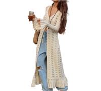 Cárdigan Largo De Punto con Manga Acampanada Y Agujeros para Mujer, Abrigos Elegantes Holgados con Cuello En V Mangas Largas con Una Sola Botonadura, Prendas De Vestir Informales para Mujer,Beige,S