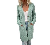 Cárdigan largo de punto trenzado para mujer, suéter con botones y cuello en V, varios colores, punto grueso, ajuste de gran tamaño con bolsillos, Bean Green, XL