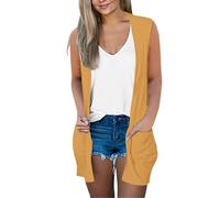 Cárdigan largo de verano para mujer, sin mangas, con bolsillos, talla grande, holgado, frente abierto, ligero, talla grande, chaleco largo con frente abierto, amarillo, S