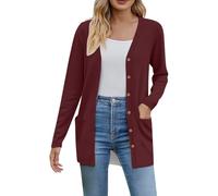Cárdigan largo y ligero para mujer, cárdigan de punto suave para mujer, suéteres de punto con cuello en V con bolsillos, cárdigan holgado casual con botones, cárdigan clásico de moda, Vino, 3XL