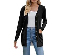 Cárdigan largo y ligero para mujer, cárdigan de punto suave para mujer, suéteres de punto con cuello en V con bolsillos, cárdigan holgado casual con botones, cárdigan clásico de moda, Negro, S