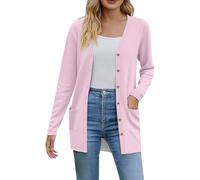 Cárdigan largo y ligero para mujer, cárdigan de punto suave para mujer, suéteres de punto con cuello en V con bolsillos, cárdigan holgado casual con botones, cárdigan clásico de moda, rosa, L