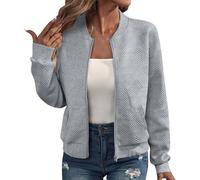 Cárdigan ligero con cremallera para mujer, chaqueta bomber de manga larga con cremallera completa, cárdigan de primavera con cremallera, ligero, sin capucha, chaqueta de vuelo para otoño, gris, XL