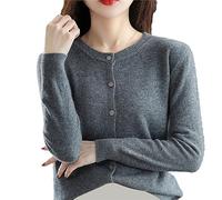 Cárdigan ligero de cachemira para mujer, suéter de cuello redondo, suéter de manga larga con botones, suéter de punto clásico para otoño e invierno, suave, liso, de gran tamaño, color sólido, gris