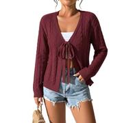 Cárdigan Ligero De Mujer Jersey De Punto Trenzado De Manga Larga con Cuello En V y Lazo Frontal Cárdigan Clásico Vintage Boleros De Punto Burdeos Tops Prendas De Abrigo Cortas Burdeos M