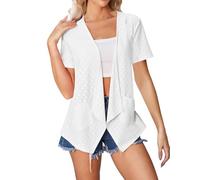 Cárdigan ligero para mujer, cárdigan fino largo de color sólido, manga corta, suave, ajustado, para verano, playa, vacaciones, viajes, casual, dobladillo asimétrico, blanco, S