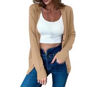 Cárdigan ligero para mujer, suéter de manga larga con frente abierto, cárdigan clásico de punto fino suave, parte superior de capas de verano, cubierta de hombros, Caqui-a, XL