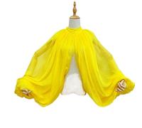 Cardigan Mujer Capa de boda gasa seda con mangas, chaqueta, bolero corto novia, chal, cuello alto botones(Yellow)
