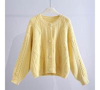 Cardigan Mujer,Cárdigans De Punto Para Mujer Dulce Liso Amarillo Cable Jacquard Botón De Cuello Redondo Manga Larga Suéteres Delanteros Abiertos Cárdigan Otoño Espesar Suelto Punto Prendas De A