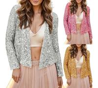 Cárdigan Mujer Chic Y Elegant, Chaqueta Mujer De Media Temporada Chic, 2025 Nuevo Chaleco Lentejuelas Noche Abrigo Casual Personalizado Abrigos Manga Larga Abierta Delantera Cardigan S-3Xl, plateado