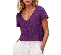 Cardigan Mujer Invierno Cárdigan Playero Verano Punto Encaje Transpirable Ligero Manga Corta Abertura Frontal clásico Femenino Elegante Informal Diario Oficina Vacaciones (Purple, S)