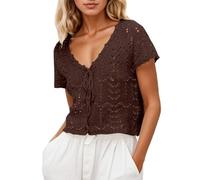 Cardigan Mujer Invierno Cárdigan Playero Verano Punto Encaje Transpirable Ligero Manga Corta Abertura Frontal clásico Femenino Elegante Informal Diario Oficina Vacaciones (Coffee, XL)