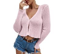 Cárdigan Mujer Tamaño Grande Otoño Chaqueta Legere Mujer Nuevo Chaleco con Botón Suéter Manga Larga Suéteres Simple Abrigo Sexy Abrigos Corto Vientre Chaqueta Color Sólido Ropa Tejer Chaleco, rosa, S