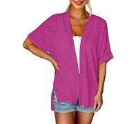 Cárdigan mujer verano manga corta - chaqueta de verano fina para mujer, cárdigan de verano elegante chaqueta larga chaqueta ligera abierta cárdigan de punto con cuello de pico vintage clásico, Rosa