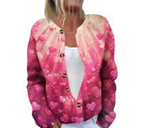Cárdigan para mujer, con botones, cuello redondo, holgado, de punto, de manga larga, a la moda, con corazones, bonitos suéteres de manga larga, estilo casual, holgado, hot pink, S