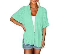 Cárdigan para mujer de verano de manga corta - chaqueta fina de verano para mujer, chaqueta de punto elegante y larga, ligera, abierta, cárdigan de punto con cuello en V, vintage, clásico, verde, XL