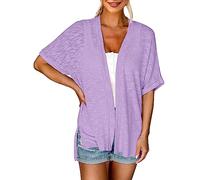 Cárdigan para mujer de verano de manga corta - chaqueta fina de verano para mujer, chaqueta de punto elegante y larga, ligera, abierta, cárdigan de punto con cuello en V, vintage, clásico, morado, XL
