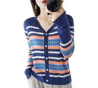 Cárdigan Pequeño De Un Solo Pecho Con Cuello En V Y Lana Para Mujer, Prendas De Punto A Rayas Con Bloques De Colores, Otoño,Azul,METRO