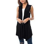 Cárdigan sin mangas para mujer, chaleco drapeado ligero y fresco, cómodo, largo y flotante, holgado, parte delantera abierta, chaqueta transpirable, chaleco de color sólido, Negro, M