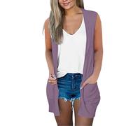 Cárdigan sin mangas para mujer con bolsillos, cárdigan largo y acogedor para mujer, cárdigan largo casual, sin mangas, holgado, con bolsillos, frente abierto, ligero, abrigos de verano, Morado (, L