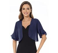 Cárdigan tipo bolero de gasa suave con frente abierto para mujer, manga 3/4, para vestido de noche, Azul marino, Large