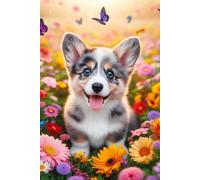 Cardigan Welsh Corgi Puppy in a field of colorful flowers Notebook - Large 6 x 9 inches - 127 Pages