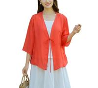 Cárdigans para Mujer Cárdigan De Lino con Frente Abierto Manga 3/4 Bolero Top con Lazo Frontal Abrigo Ligero De Verano Chaqueta Fina Mini Chaqueta para Vestido De Noche Capas De Boda Naranja Rojo