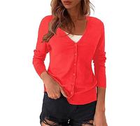 Cardigans para mujer elegante cárdigan casual manga larga suéter de punto estrecho transpirable con botones chaqueta camisa con cuello en V ligero clásico cárdigan de punto con botón verano, Rojo