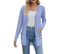 Cárdigans UK para mujer, cárdigan de punto para mujer, color puro, abierto al frente, ligero, suave, abrigo de punto básico, versátil, manga larga, cómodo, de un solo botonadura, azul claro, 3XL