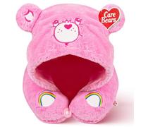 Care Bears - Cheer Bear Snuggle Hood, Almohada de Viaje para avión y Coche, Felpa Suave, Almohada para el Cuello con Capucha y Clip de botón, Color Rosa