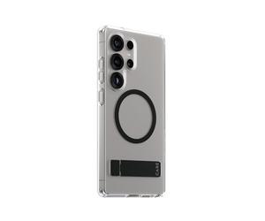 CARE BY PANZERGLASS - Funda transparente con soporte negro y compatibilidad QI para Samsung Galaxy S25 Ultra, soporte de aluminio ajustable de 360°, ajuste delgado, visualización manos libres,