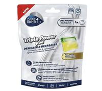 CARE + PROTECT Triple Power Pod Descalcificador y Desengrasante para Lavadora/Lavavajillas, Higienizante de Ciclo Completo, Limpiador, Eliminador de Cal, Solución de Ahorro de Energía, 6 Cápsulas