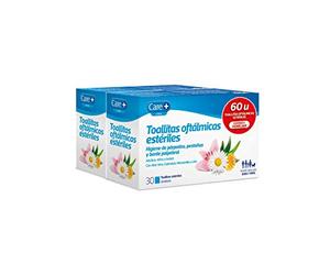 Care+, Toallitas Oftálmicas Estériles, Higiene de Párpados, Pestañas y Borde Palpebral, Con Aloe Vera, Caléndula, Manzanilla y Lirio, 60 Toallitas