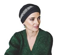 CAREBELL Turbante oncológico Modelo Confort - diseño Ikat Negro en bambú Suave y Transpirable, Especial para quimioterapia, Alopecia y Pieles sensibles, producido en España