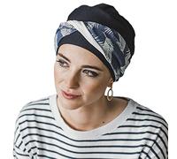 CAREBELL Turbante Oncológico Modelo Elegance - Diseño Denim Palms, Bambú Suave y Transpirable, Especial para Quimioterapia, Radioterapia, Alopecia y Piel Sensible