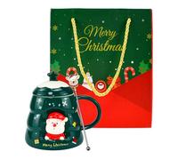 CAREDGO Taza de Café Navideña, Taza de Café de Cerámica con Tapa y Agitador Taza Navideña Grande de 450 ml para Microondas Taza de Navidad 3d en Forma de Árbol y con Figurita de Papá Noel, Verde