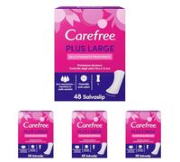 Carefree Plus Large, Sin fragancia, Protegeslips (48 unidades), protege slips absorbentes y transpirables de uso diario, extra largos con protección contra el mal olor (Paquete de 4)