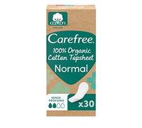 Carefree Protegeslips Organic Cotton, fabricados con 100% fibras de algodón orgánico, protege slips transpirables aptos para piel sensibles, sin perfume y super absorbentes, 30 unidades